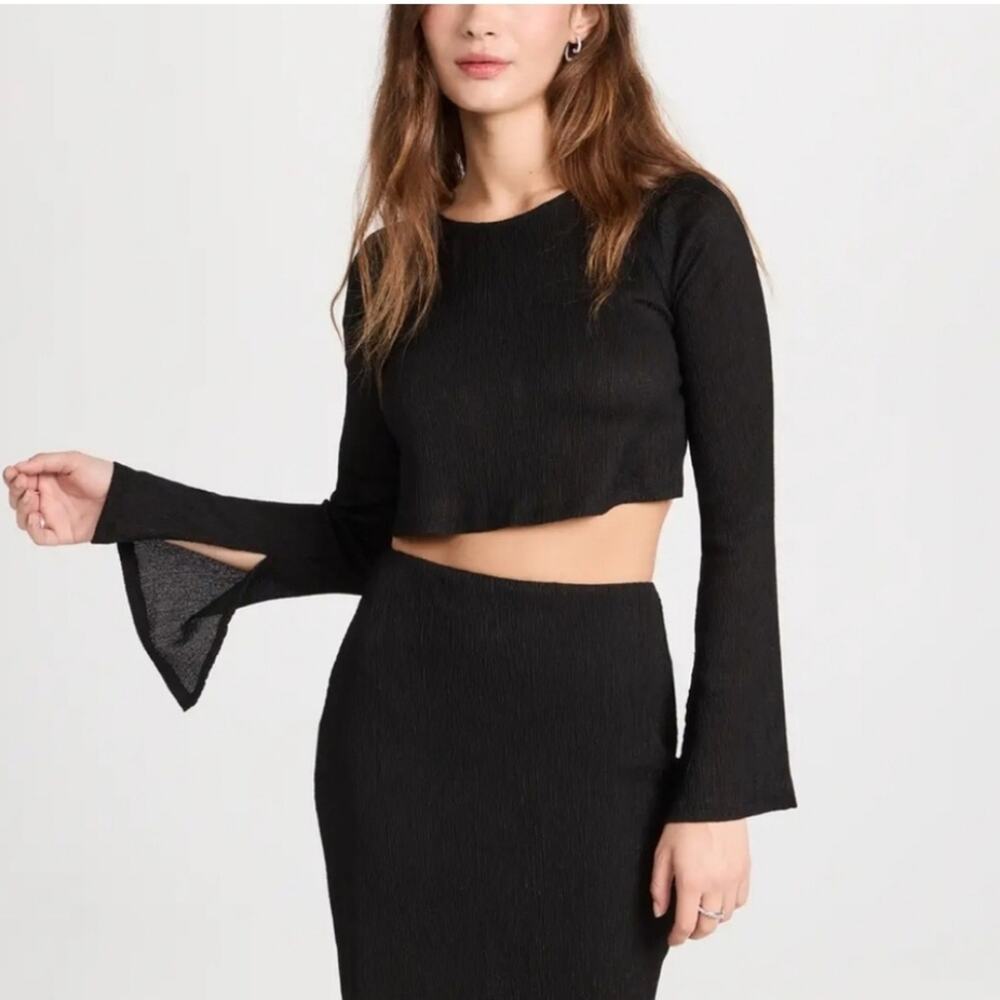 RUMER The Label Tucker Black Crinkle Crop Top XS NWT Bell Sleeve Open Back